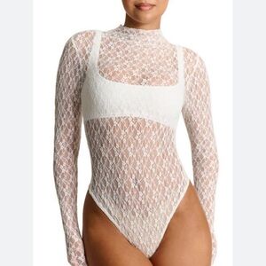 Naked Wardrobe White Lace Bodysuit Size XL Sheer Long Sleeve High Neck Sexy